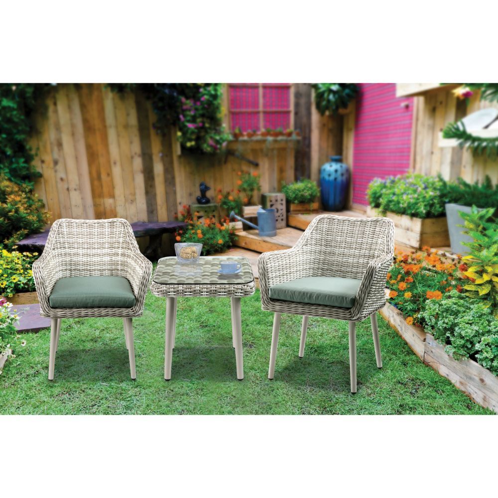 Tashay - Patio Bistro Set - Green Fabric & Beige Wicker - Tony's Home Furnishings