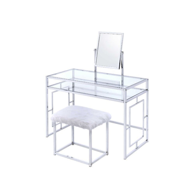 Carenze II - Vanity Desk - White Faux Fur & Chrome - Tony's Home Furnishings