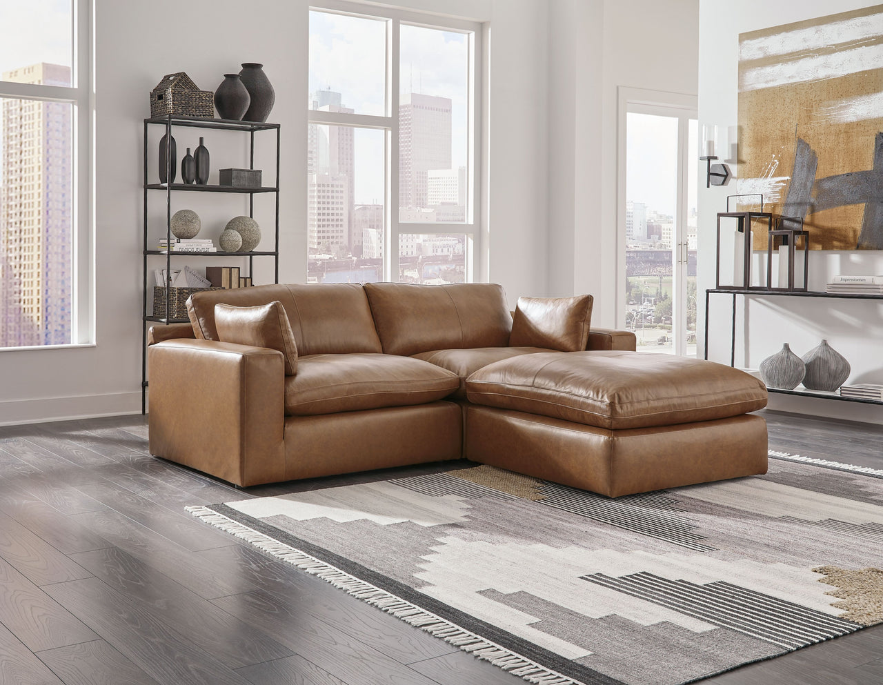 Emilia - Caramel - 3 Pc. - 2-Piece Sectional Loveseat, Ottoman Tony's Home Furnishings Furniture. Beds. Dressers. Sofas.