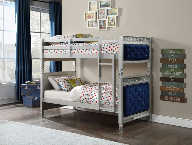 Varian - Twin Over Twin Bunk Bed - Blue Velvet & Silver Finish - Tony's Home Furnishings