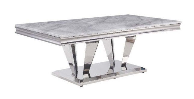 Satinka - Coffee Table - Light Gray Printed Faux Marble & Mirrored Silver Finish - Tony's Home Furnishings