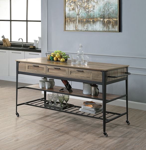 Macaria - Kitchen Island - Rustic Oak & Black Finish - 33" - Tony's Home Furnishings