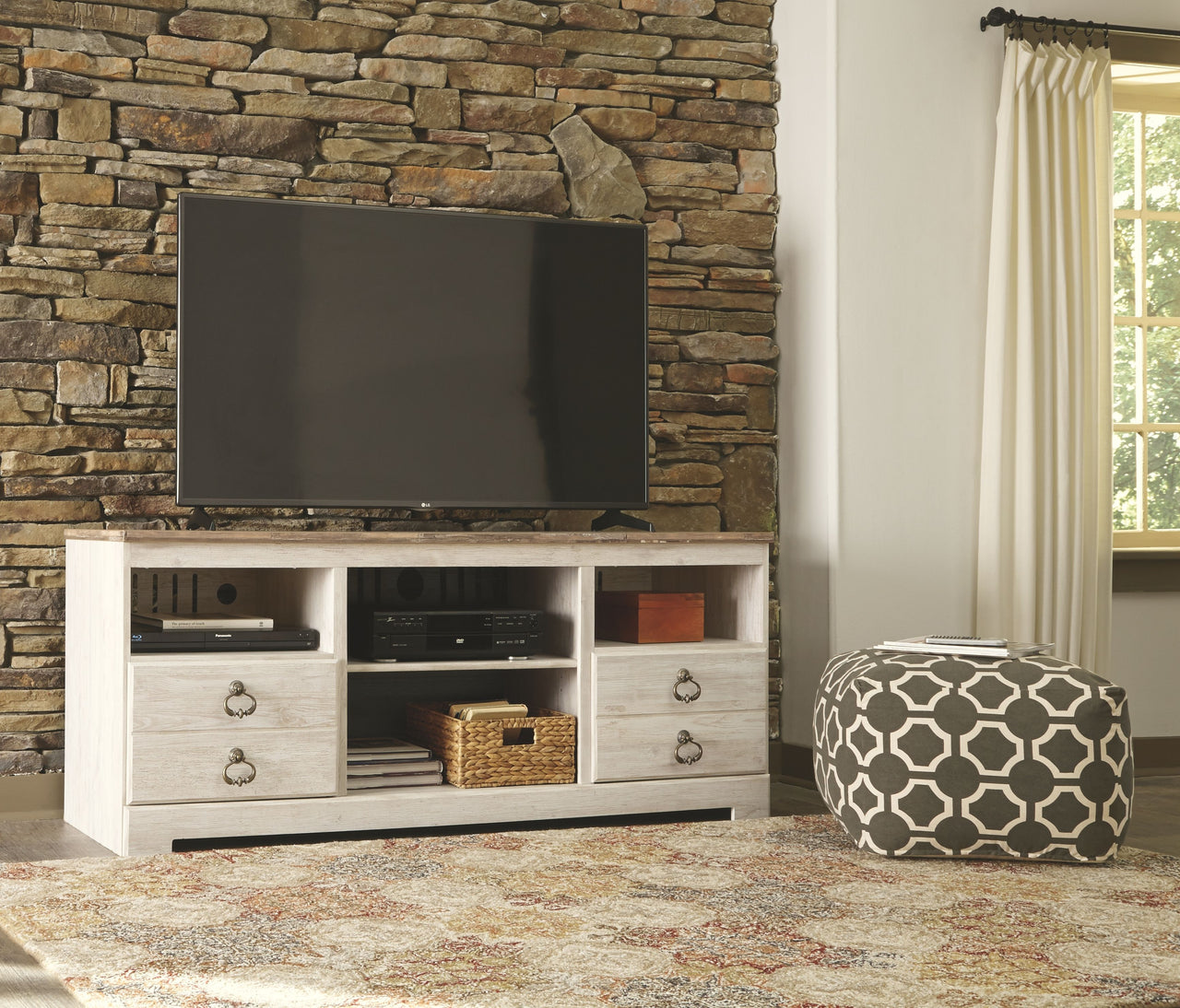 Willowton - Whitewash - 2 Pc. - 64" TV Stand With Faux Firebrick Fireplace Insert - Tony's Home Furnishings