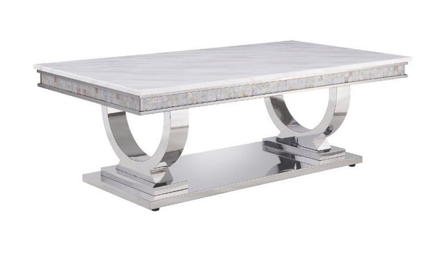 Zander - Coffee Table - White Printed Faux Marble & Mirrored Silver Finish - Tony's Home Furnishings