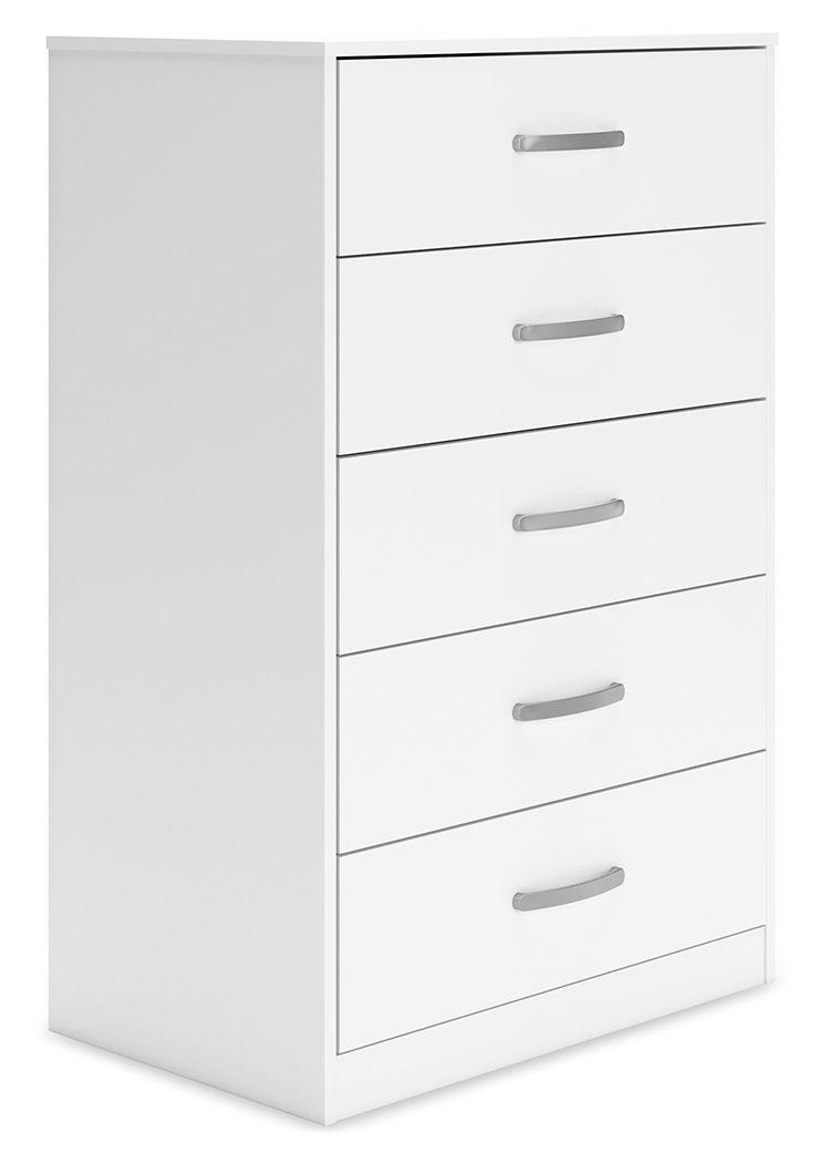 Flannia - White - Five Drawer Chest - 46" Height Tony's Home Furnishings Furniture. Beds. Dressers. Sofas.