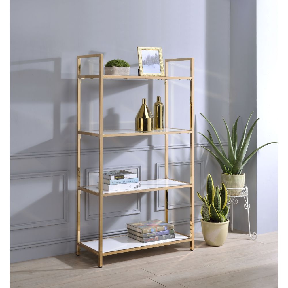 Ottey - Bookshelf - White High Gloss & Gold - Tony's Home Furnishings
