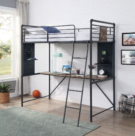 Cordelia - Twin Loft Bed - Antique Oak, Sandy Black & Dark Bronze Hand-Brushed Finish - 78" - Tony's Home Furnishings