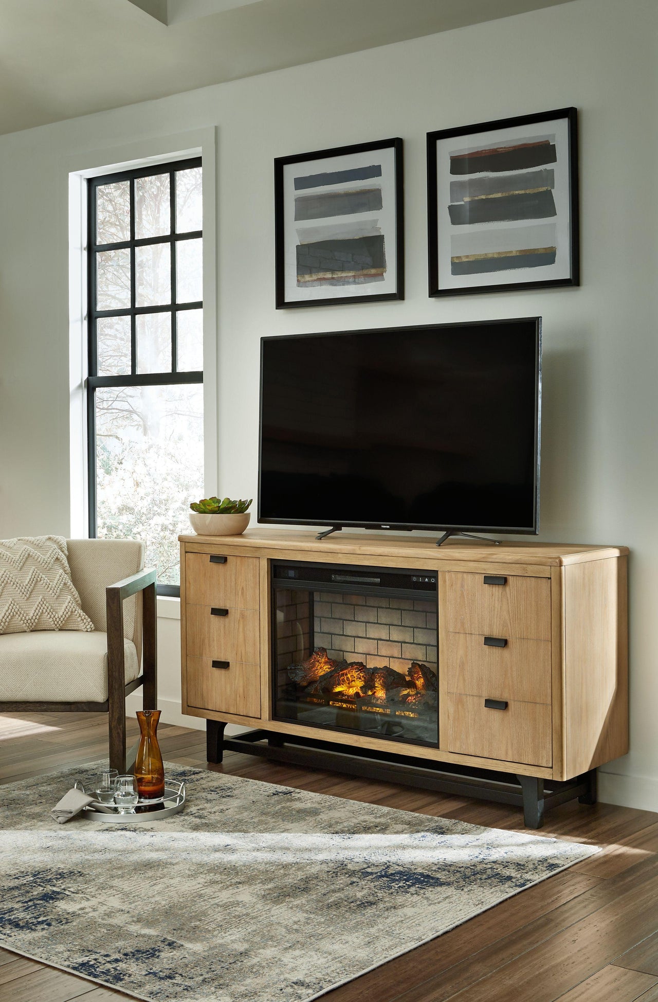 Freslowe - Light Brown / Black - TV Stand With Electric Infrared Fireplace Insert Tony's Home Furnishings Furniture. Beds. Dressers. Sofas.