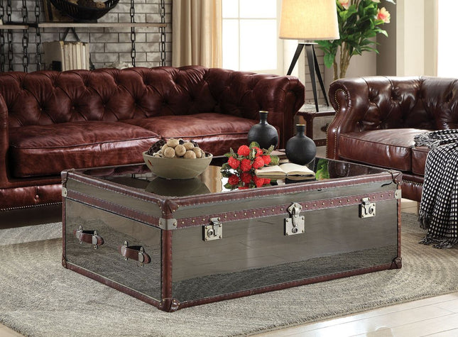 Aberdeen - Coffee Table - Vintage Dark Brown Top Grain Leather & Stainless Steel - Tony's Home Furnishings