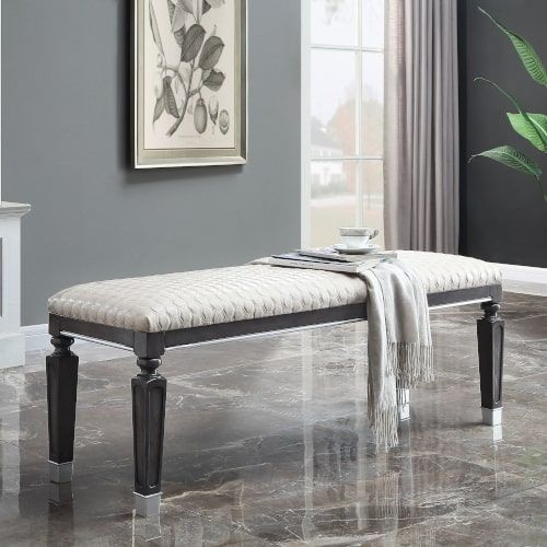 House - Beatrice Bench - Two Tone Beige Fabric, Charcoal Finish - Tony's Home Furnishings
