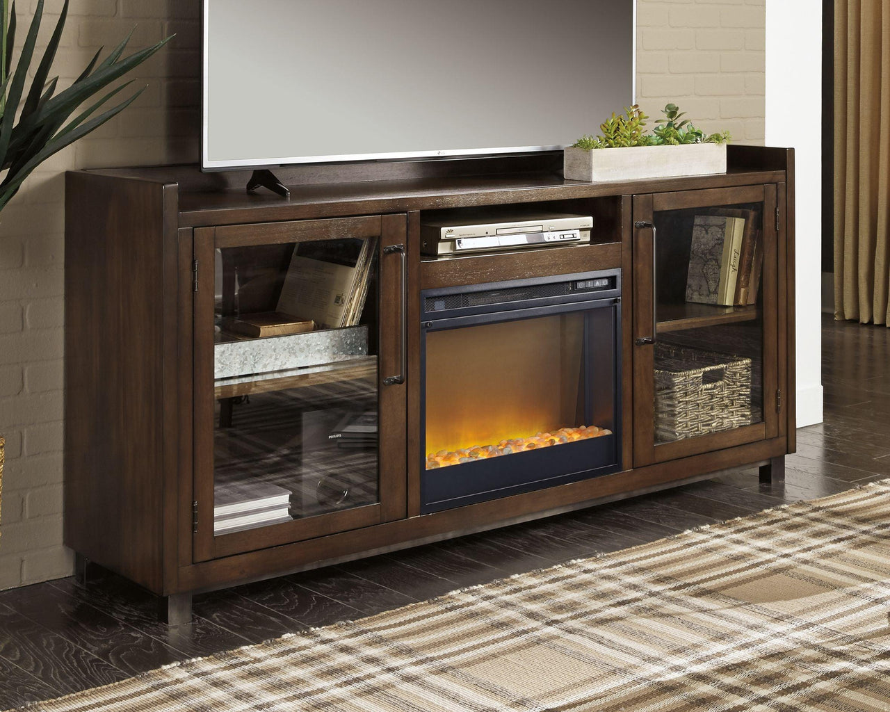 Starmore - Brown - 70" TV Stand With Glass/Stone Fireplace Insert Tony's Home Furnishings Furniture. Beds. Dressers. Sofas.