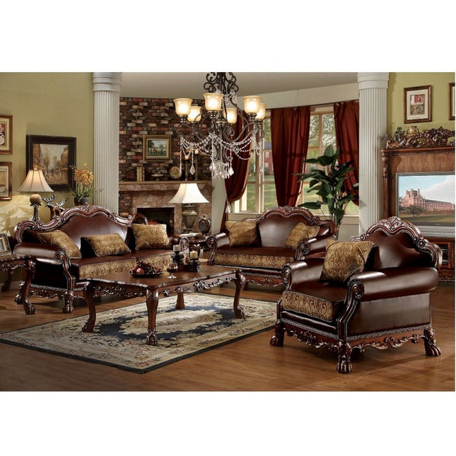 Dresden - Loveseat - Brown PU & Chenille, Cherry Oak - Tony's Home Furnishings