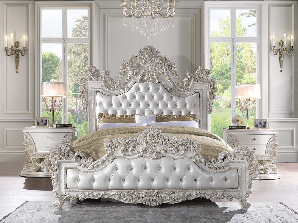 Adara - Eastern King Bed - White PU & Antique White Finish - Tony's Home Furnishings