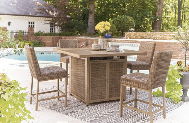 Walton Bridge - Driftwood - 5 Pc. - Square Bar Table W/Fire Pit, 4 Barstools - Tony's Home Furnishings