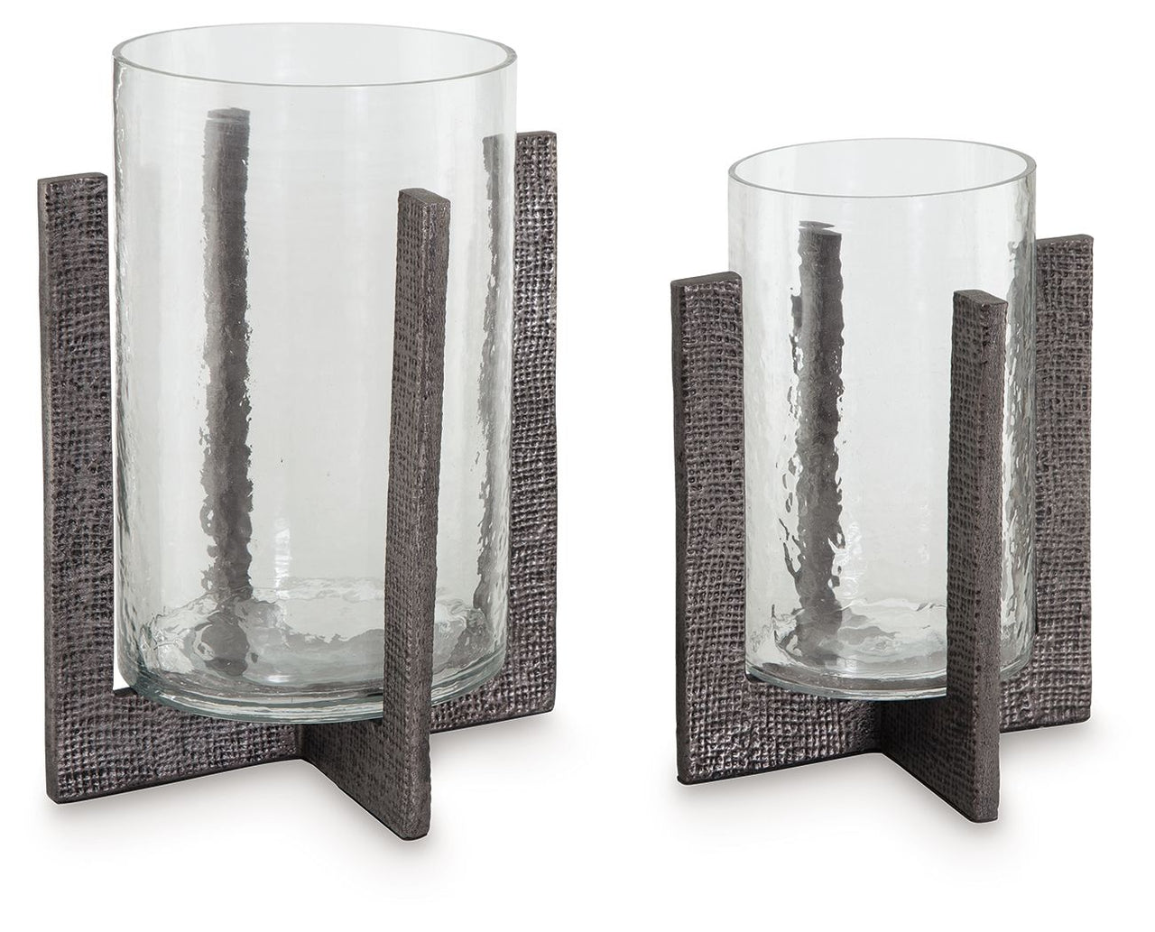 Garekton - Clear / Pewter Finish - Candle Holder Set (Set of 2) Tony's Home Furnishings Furniture. Beds. Dressers. Sofas.