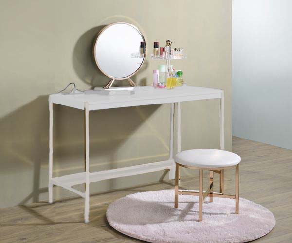 Midriaks - Vanity Mirror & Stool - PU, White & Gold Finish - Tony's Home Furnishings