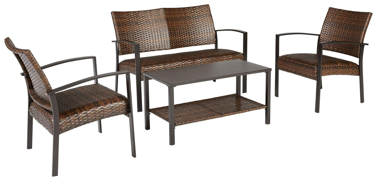 Zariyah - Dark Brown - Love/Chairs/Table Set (Set of 4) Tony's Home Furnishings Furniture. Beds. Dressers. Sofas.