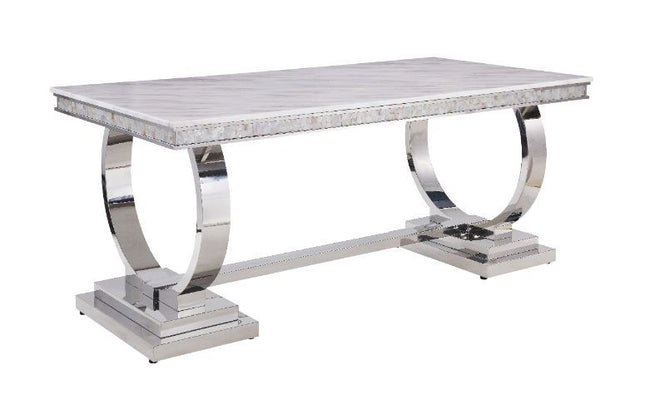 Zander - Dining Table - White Printed Faux Marble & Mirrored Silver Finish - Tony's Home Furnishings