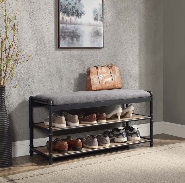 Brantley - Shoe Cabinet - Gray Fabric, Oak & Sandy Black Finish - Tony's Home Furnishings