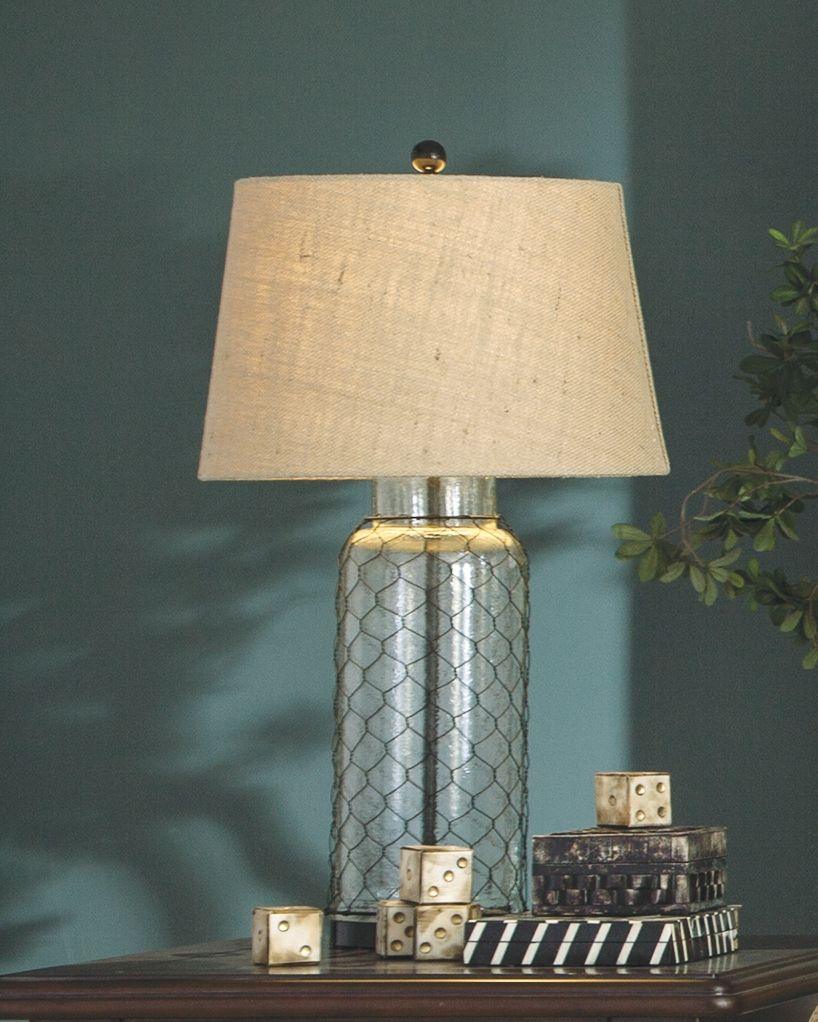 Sharmayne - White - Glass Table Lamp  - Wrapped With Wire Tony's Home Furnishings Furniture. Beds. Dressers. Sofas.