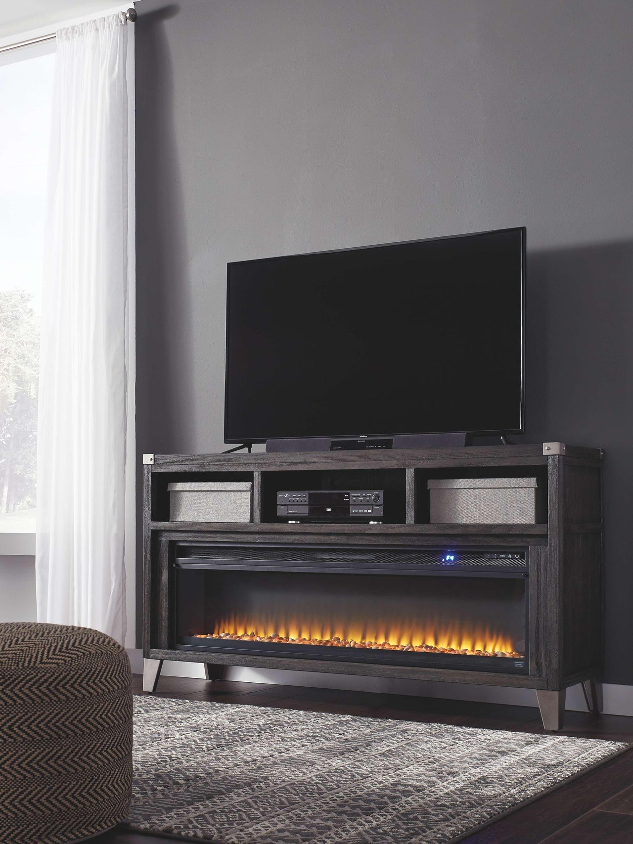 Todoe - Gray - 2 Pc. - 65" TV Stand With Wide Fireplace Insert Tony's Home Furnishings Furniture. Beds. Dressers. Sofas.