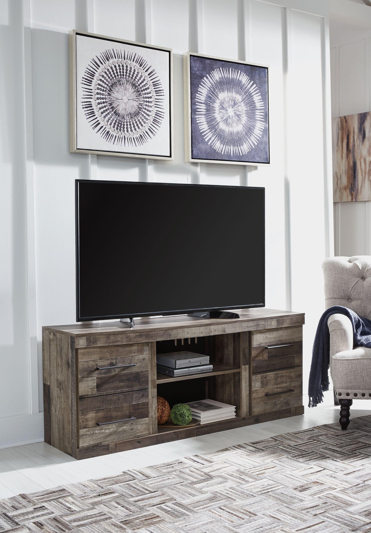 Derekson - Multi Gray - LG TV Stand W/Fireplace Option Tony's Home Furnishings Furniture. Beds. Dressers. Sofas.