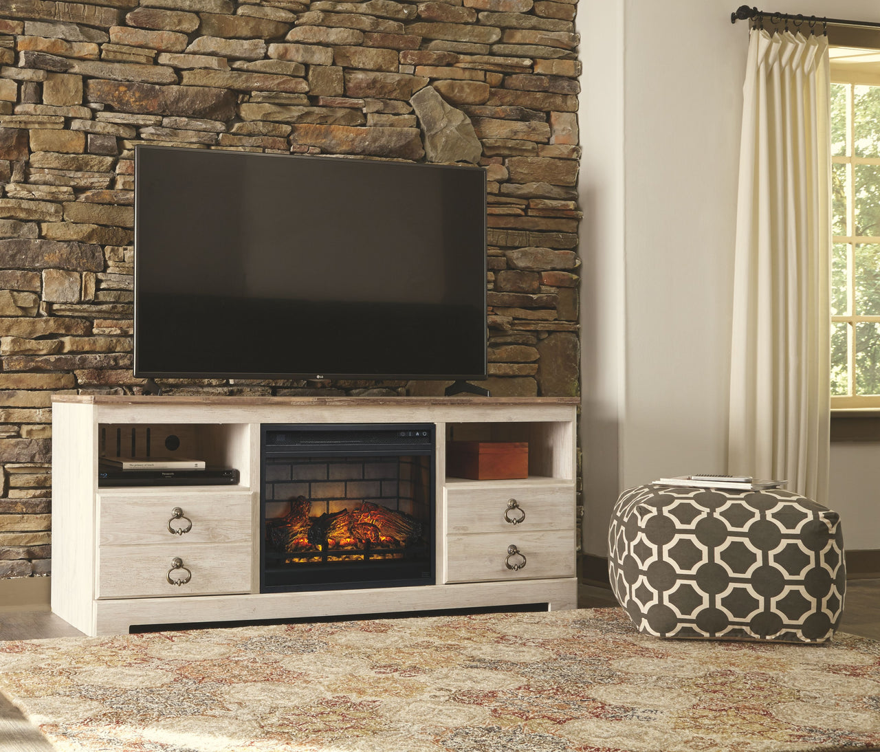 Willowton - Whitewash - 2 Pc. - 64" TV Stand With Faux Firebrick Fireplace Insert - Tony's Home Furnishings