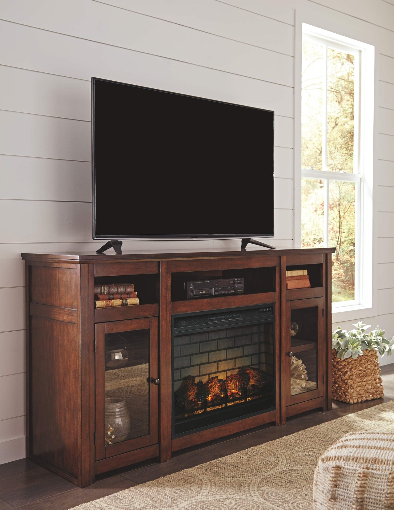 Harpan - Reddish Brown - 2 Pc. - 72" TV Stand With Electric Infrared Fireplace Insert Tony's Home Furnishings Furniture. Beds. Dressers. Sofas.
