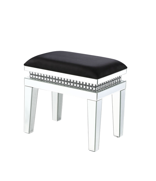 Lotus - Vanity Stool - Black Fabric, Mirrored & Faux Crystals - Tony's Home Furnishings