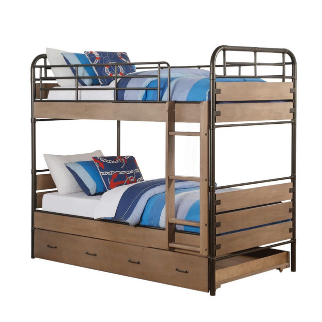 Adams - Twin Over Twin Bunk Bed & Trundle - Antique Oak & Gunmetal - Tony's Home Furnishings