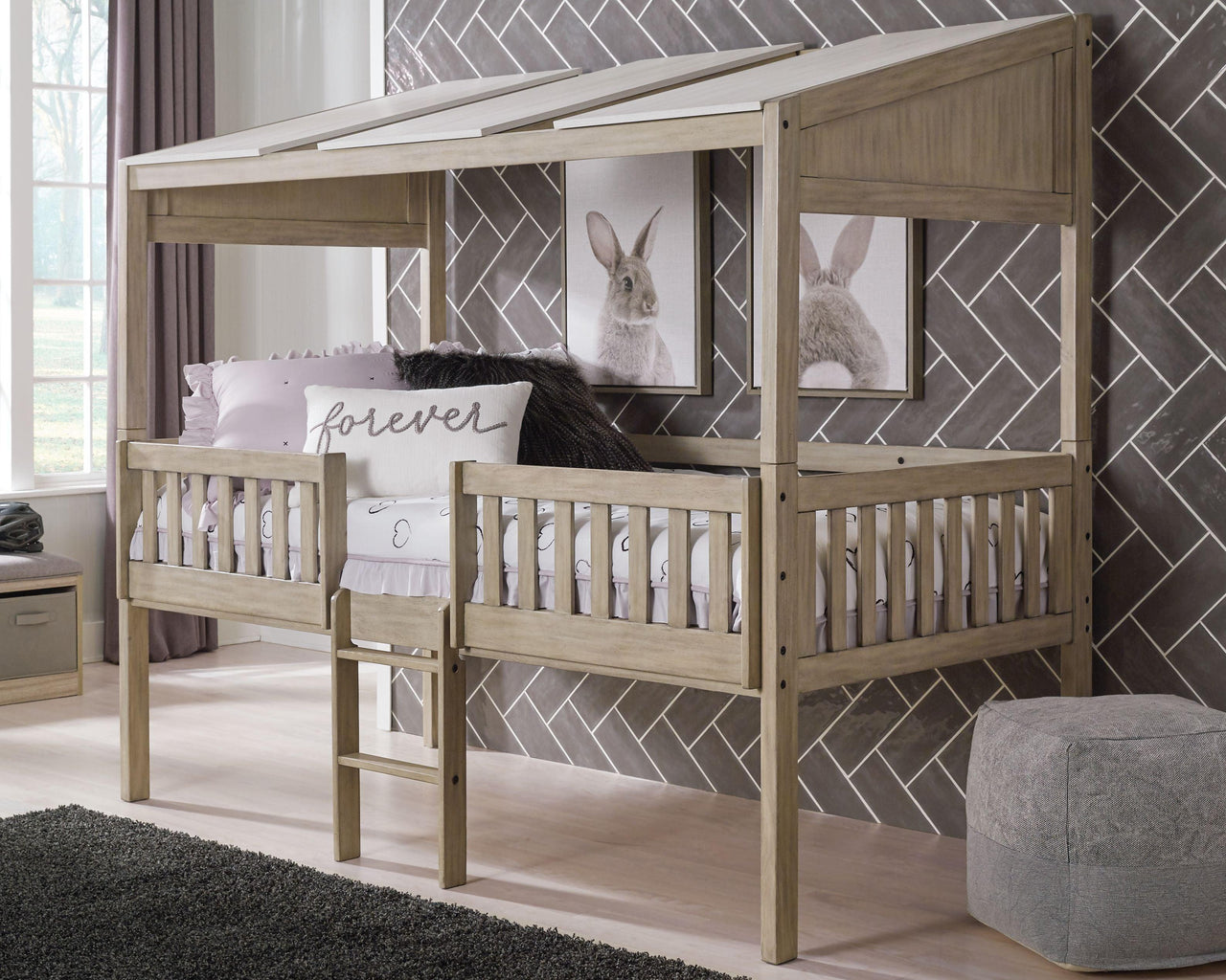 Wrenalyn - White / Brown / Beige - Twin Loft Bed With Roof Panels Tony's Home Furnishings Furniture. Beds. Dressers. Sofas.
