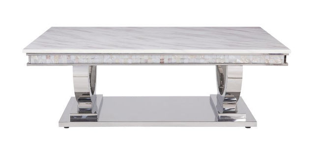 Zander - Coffee Table - White Printed Faux Marble & Mirrored Silver Finish - Tony's Home Furnishings