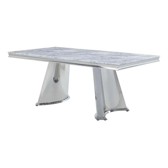 Destry Dining Table - Faux Marble Top & Mirrored Silver Finish - Tony's Home Furnishings