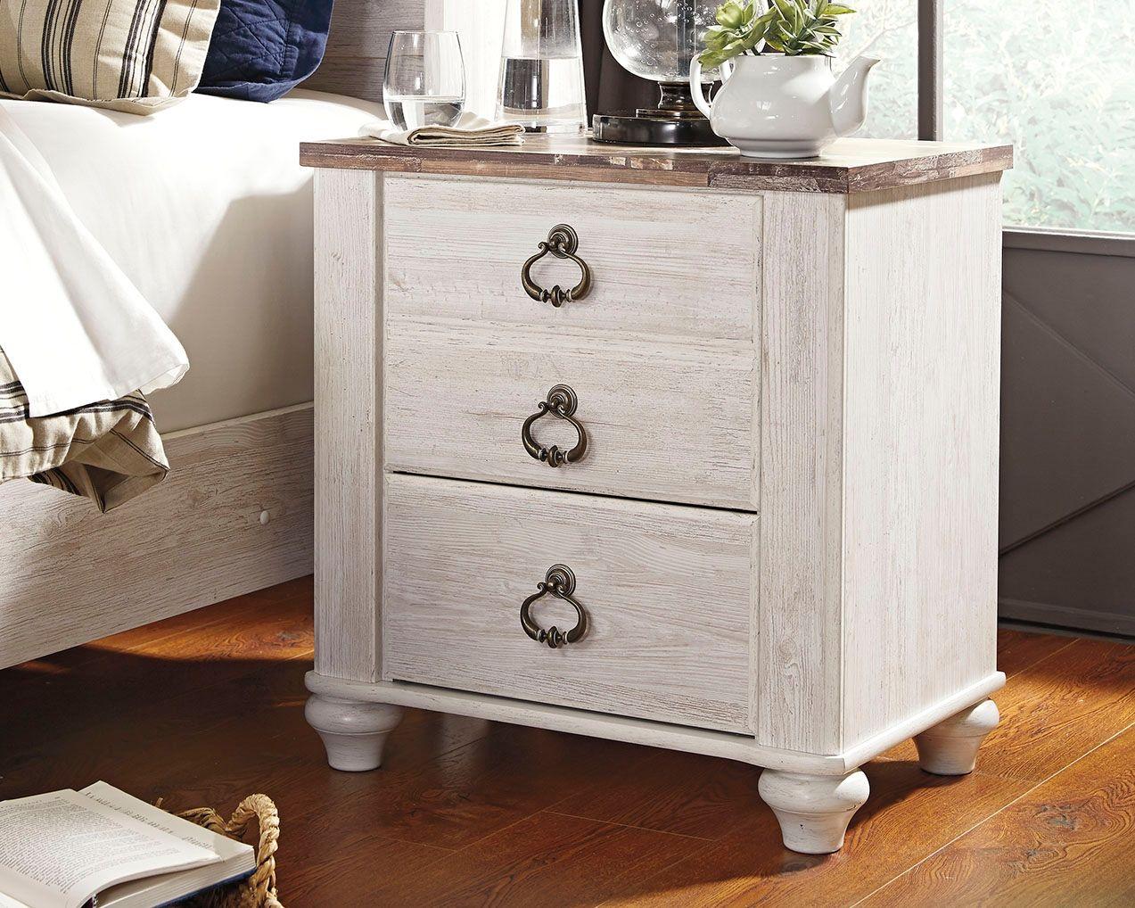 Willowton - Brown / Beige / White - Two Drawer Night Stand Tony's Home Furnishings Furniture. Beds. Dressers. Sofas.
