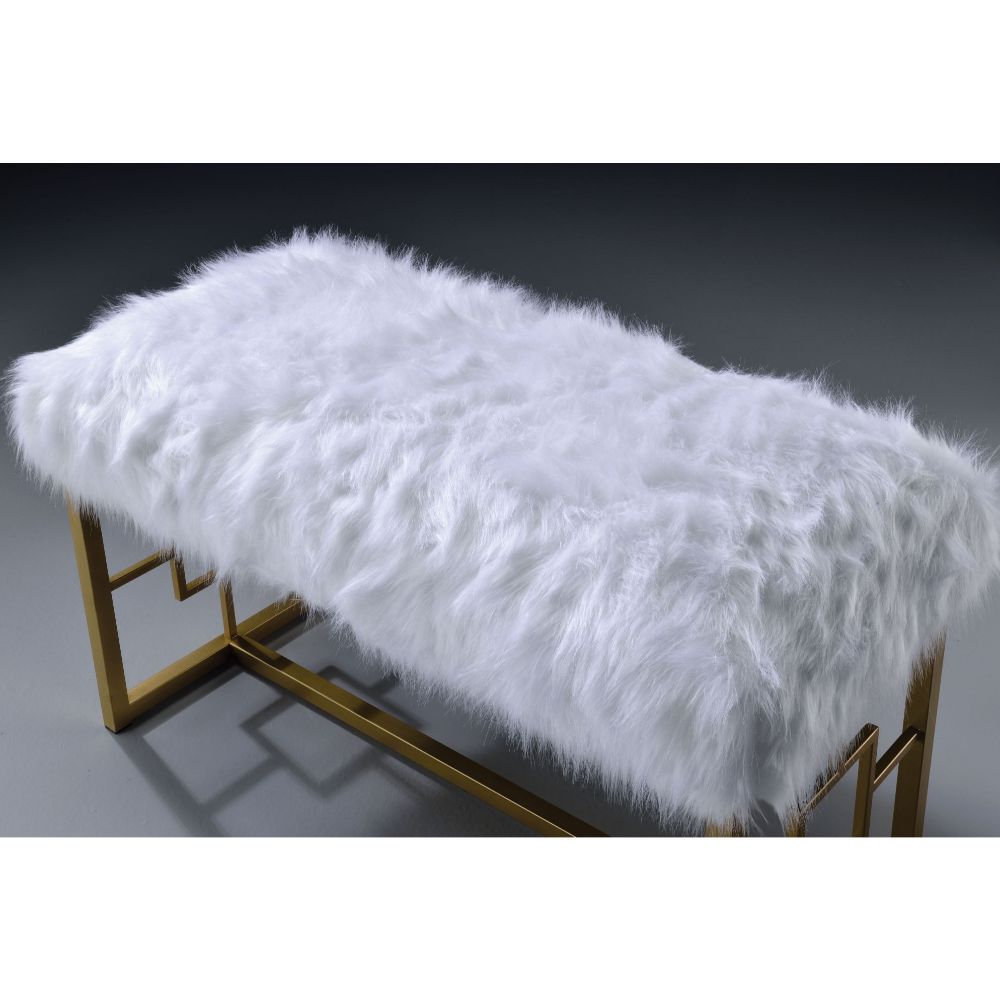 Bagley II - Bench - White Faux Fur & Gold - 21" - Tony's Home Furnishings