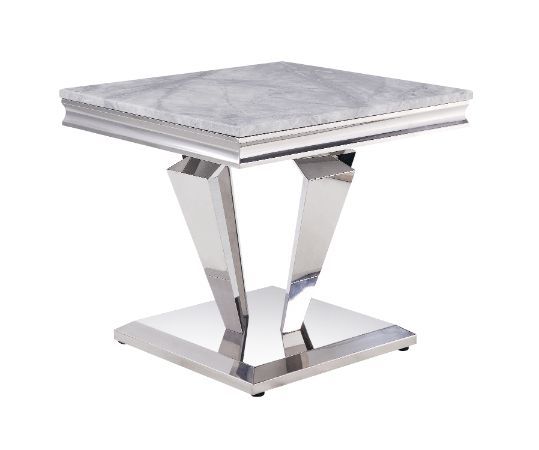 Satinka - End Table - Light Gray Printed Faux Marble & Mirrored Silver Finish - Tony's Home Furnishings