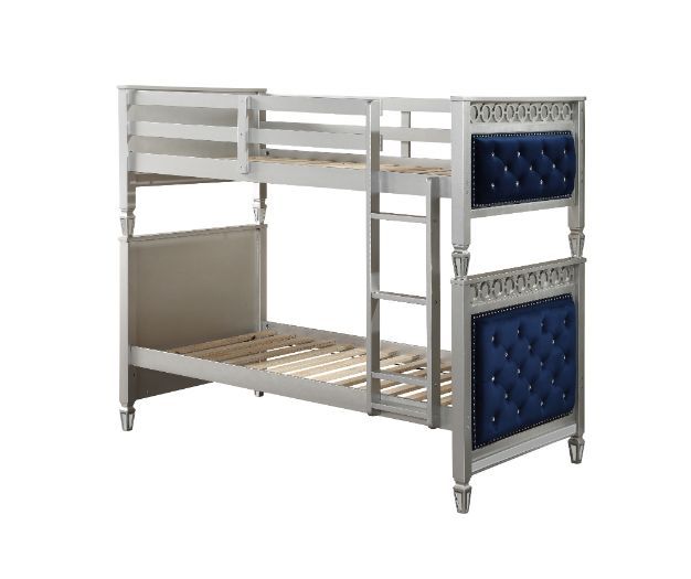 Varian - Twin Over Twin Bunk Bed - Blue Velvet & Silver Finish - Tony's Home Furnishings