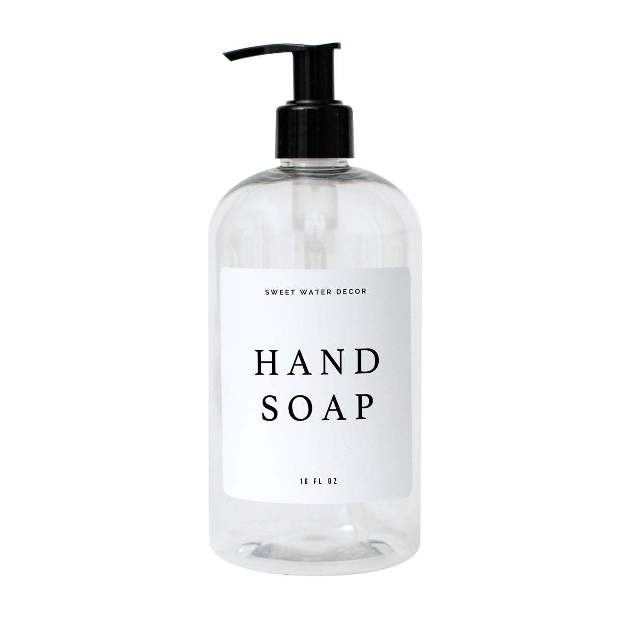 16oz Clear Plastic Hand Soap Dispenser - White Text Label Tony's Home Furnishings Furniture. Beds. Dressers. Sofas.