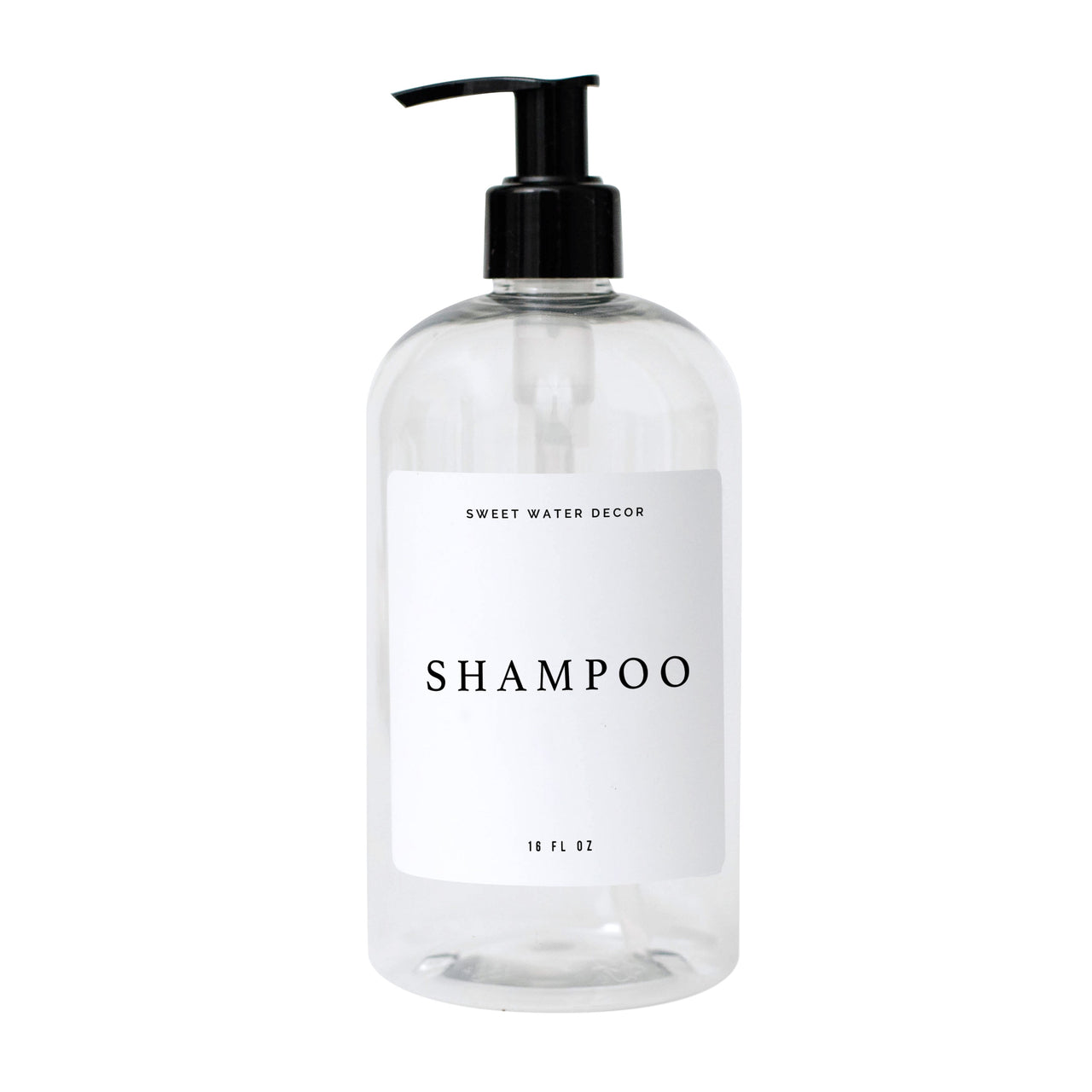 16oz Clear Plastic Shampoo Dispenser- White Text Label - Tony's Home Furnishings