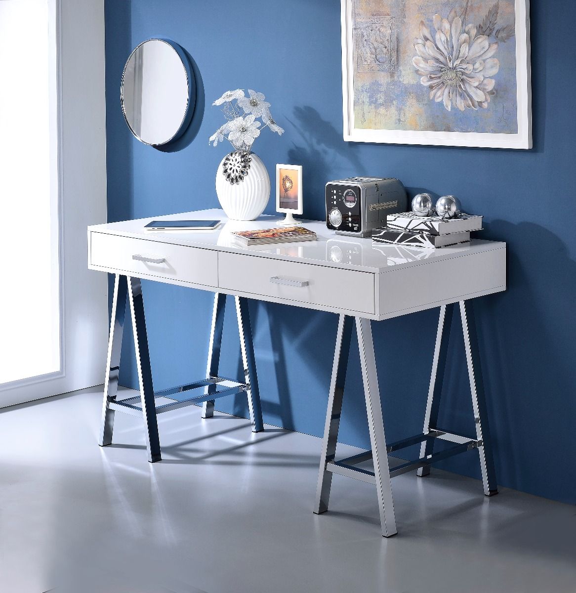 Coleen - Desk - White High Gloss & Chrome Finish - Tony's Home Furnishings