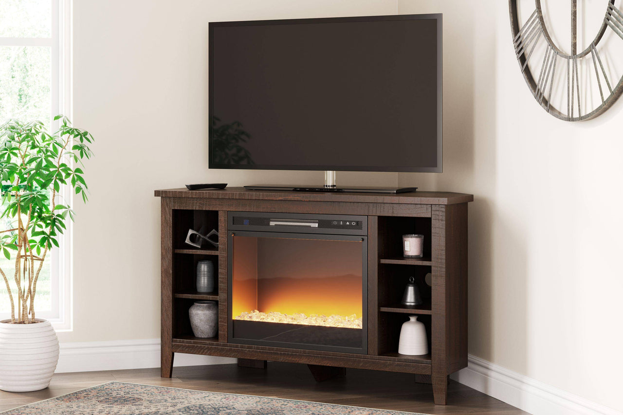 Camiburg - Warm Brown - Corner TV Stand With Fireplace Insert Glass/Stone Tony's Home Furnishings Furniture. Beds. Dressers. Sofas.