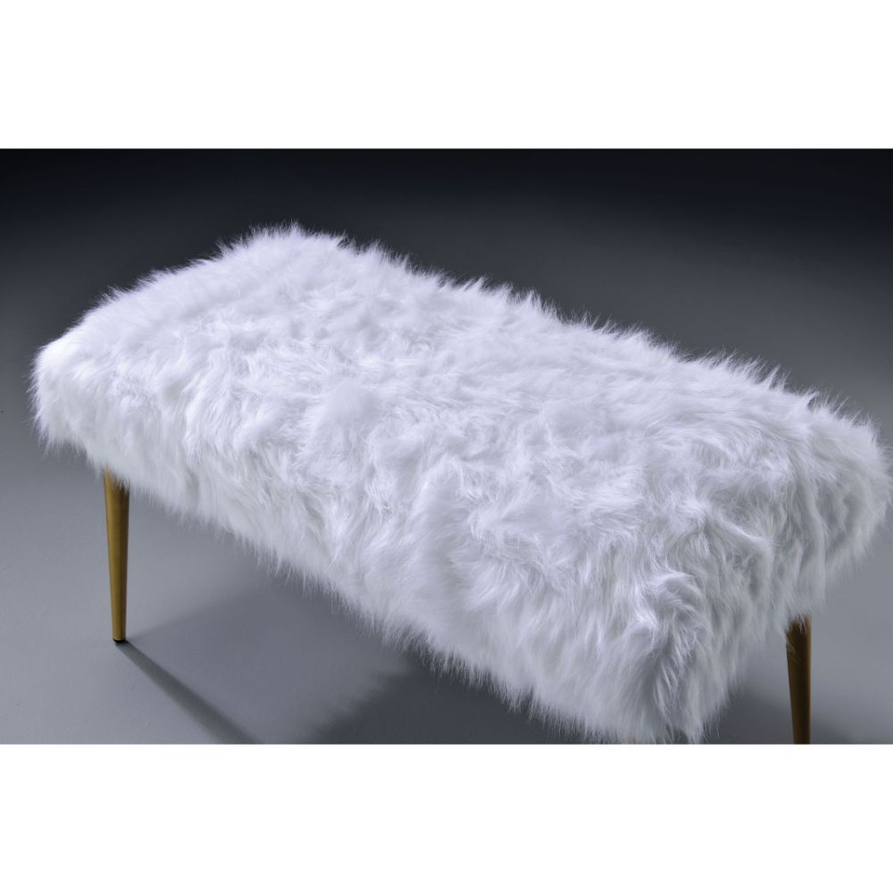 Bagley II - Bench - White Faux Fur & Gold - 20" - Tony's Home Furnishings