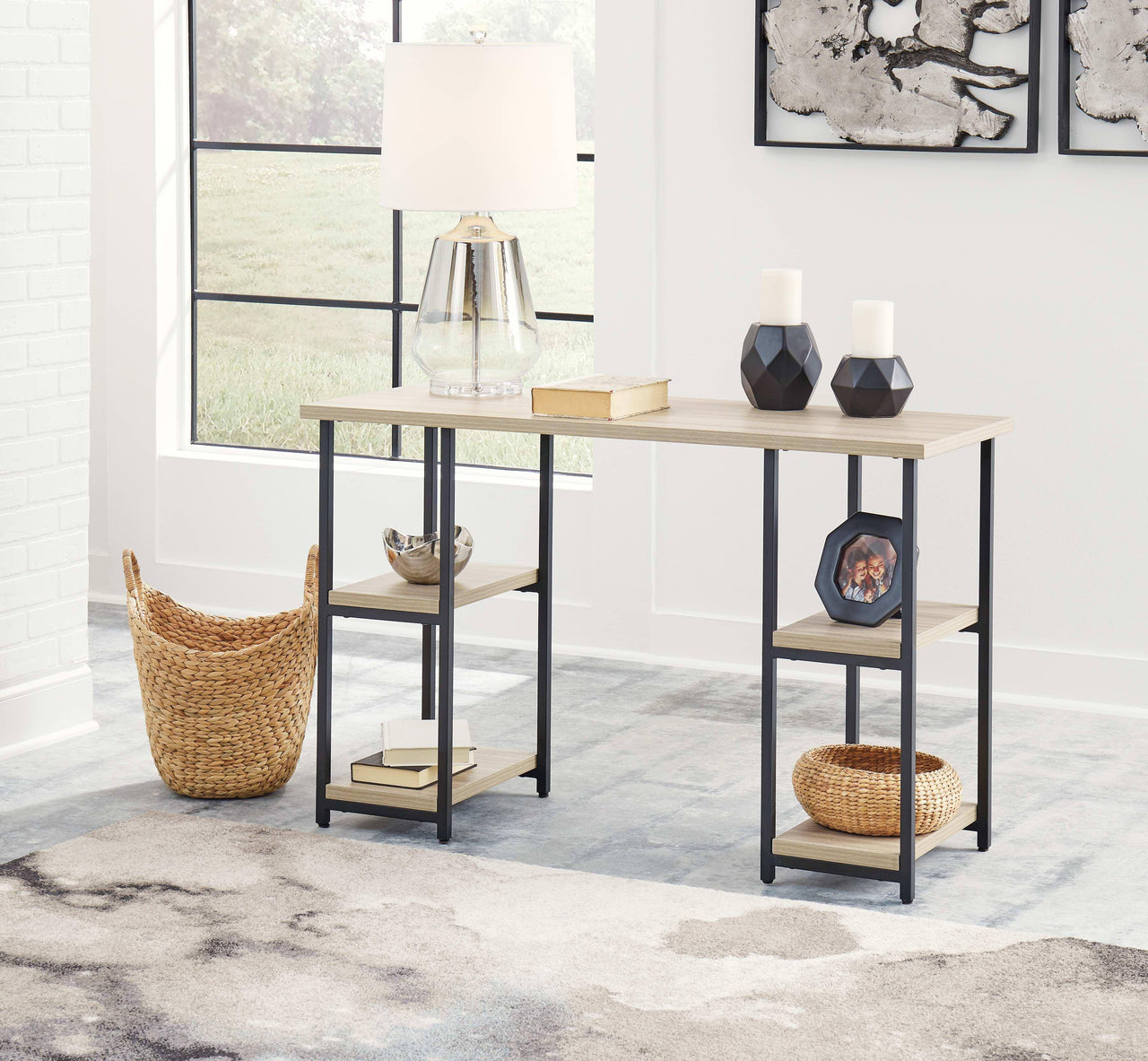 Waylowe - Natural / Black - Home Office Desk - Double-Shelf Pedestal Tony's Home Furnishings Furniture. Beds. Dressers. Sofas.