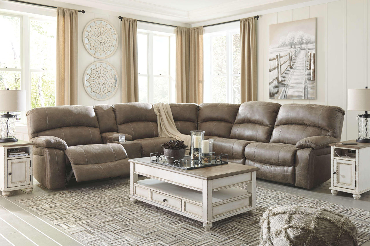 Segburg - Driftwood - Left Arm Facing Power Sofa With Console 4 Pc Sectional Tony's Home Furnishings Furniture. Beds. Dressers. Sofas.