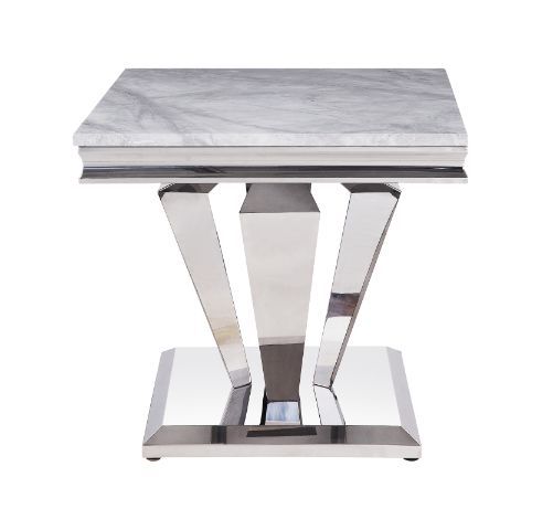 Satinka - End Table - Light Gray Printed Faux Marble & Mirrored Silver Finish - Tony's Home Furnishings