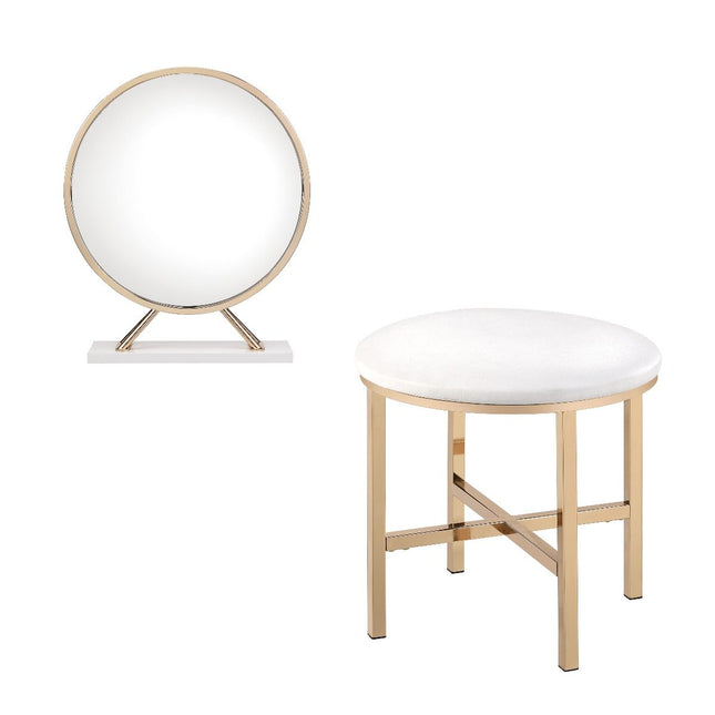 Midriaks - Vanity Mirror & Stool - PU, White & Gold Finish - Tony's Home Furnishings