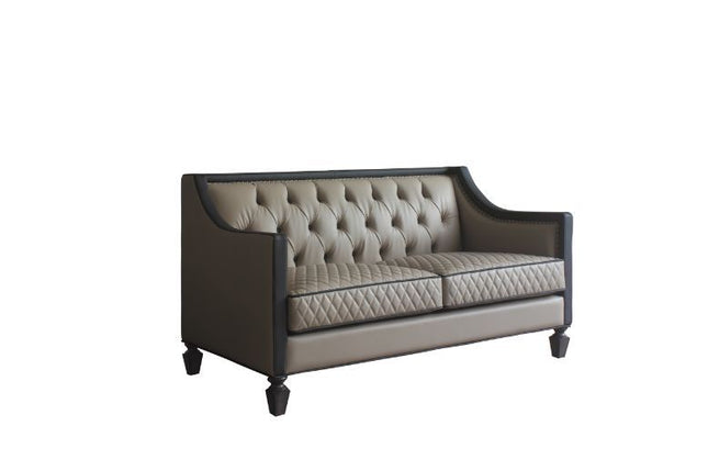 House - Beatrice Loveseat - Tan PU, Black PU & Charcoal Finish - Tony's Home Furnishings