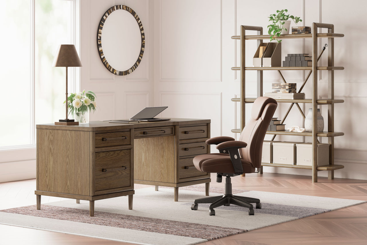 Roanhowe - Brown - 3 Pc. - Home Office Desk, Bookcase, Swivel Desk Chair - Tony's Home Furnishings