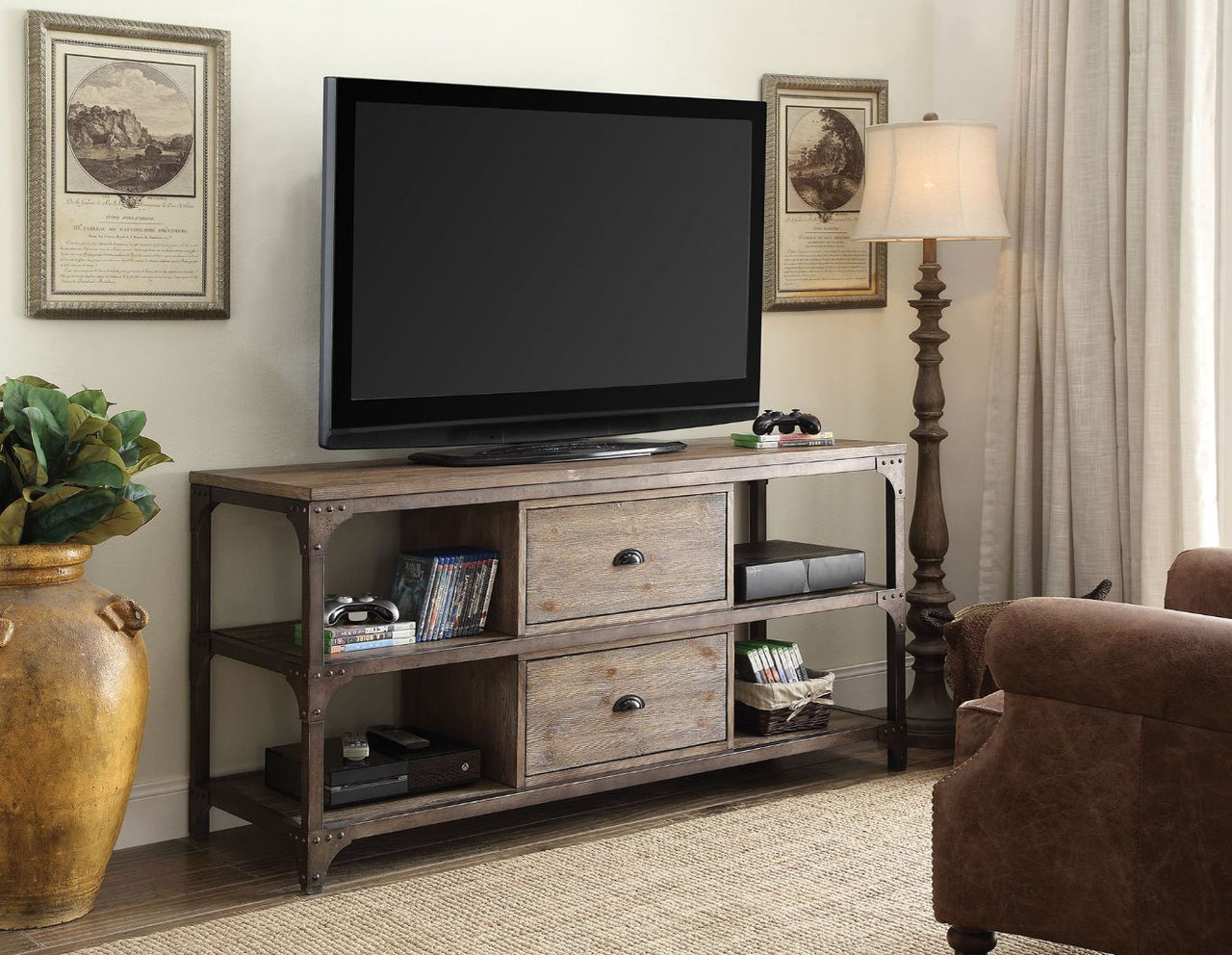 Gorden - TV Stand - Weathered Oak & Antique Silver - Tony's Home Furnishings