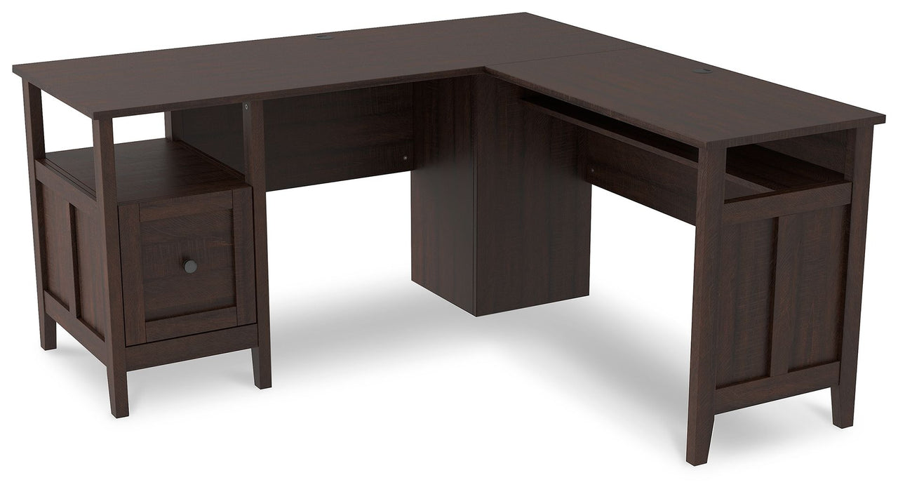 Camiburg - Warm Brown - 2-Piece Home Office Desk Tony's Home Furnishings Furniture. Beds. Dressers. Sofas.